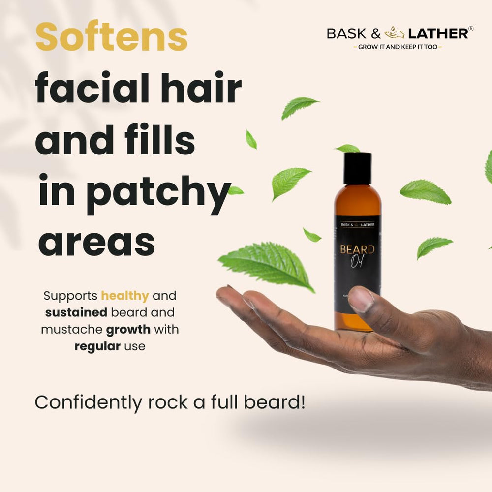 BASK & LATHER Beard Growth Oil hand massage for even distribution and softness.
