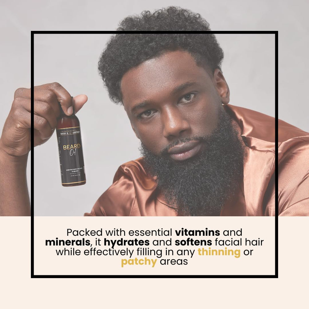 BASK & LATHER Beard Growth Oil ingredients close-up showing vitamin-rich formula.