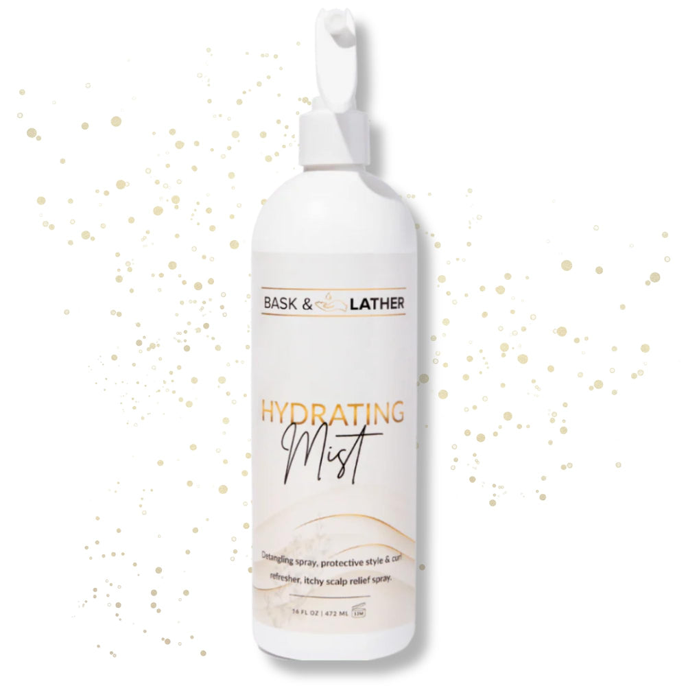 BASK & LATHER Hydrating Hair Mist bottle for detangling and leave-in conditioning.