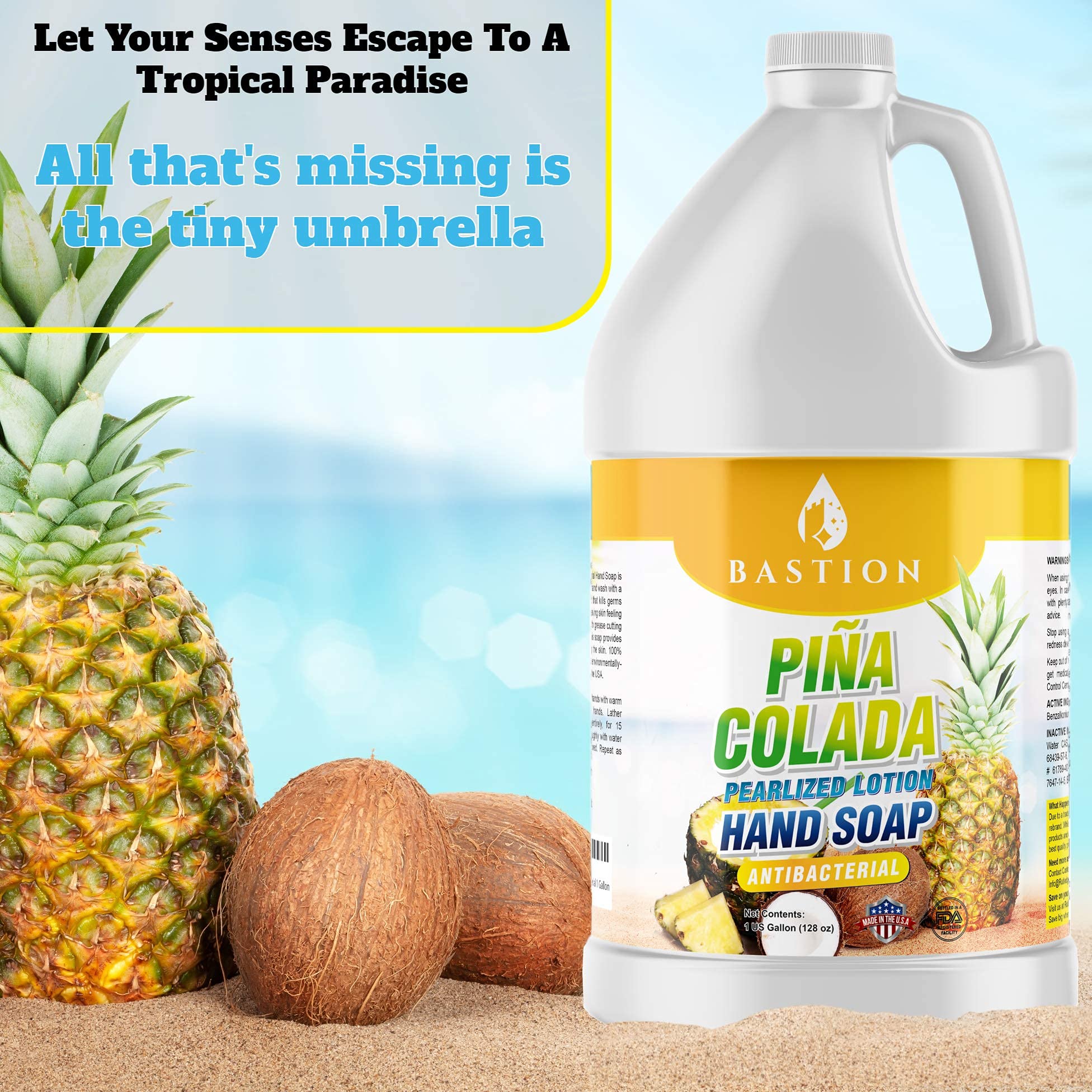 Pineapple and coconut imagery on Bastion soap label.