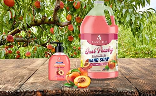 Bastion Just Peachy Hand Soap bottle highlights antimicrobial formula for added protection.