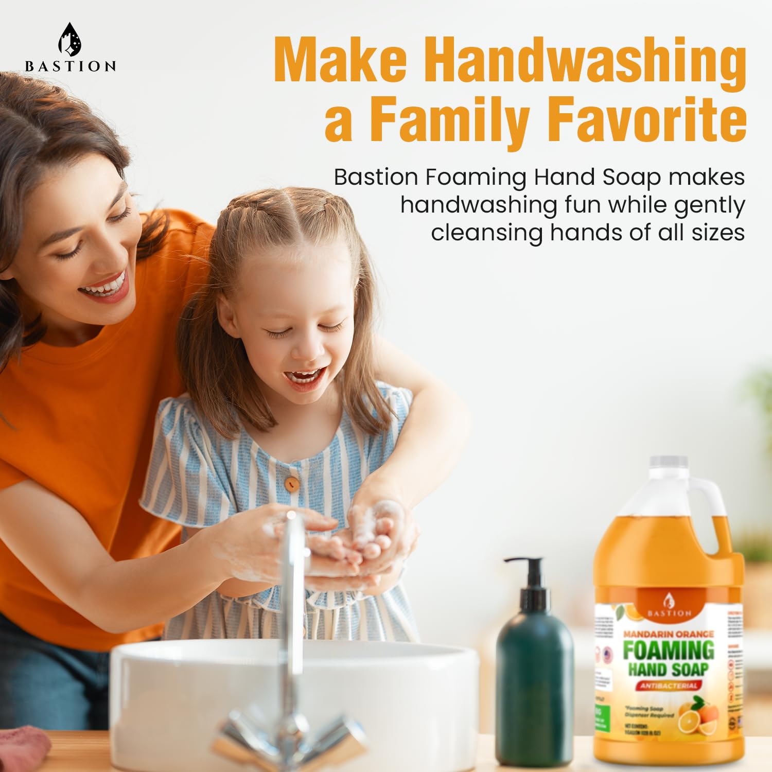 Bastion mandarin-orange scented hand soap bottle on sink refreshing aroma