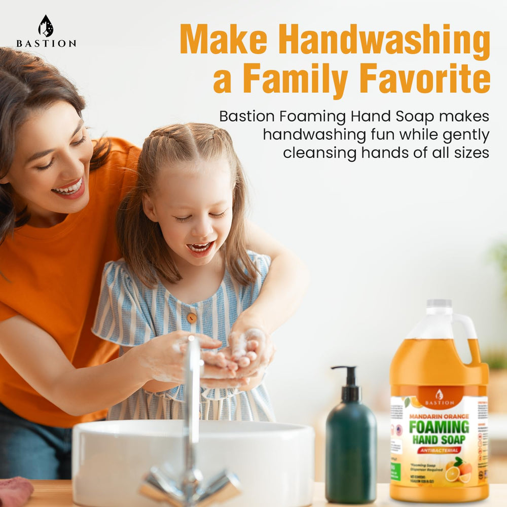 Bastion mandarin-orange scented hand soap bottle on sink refreshing aroma