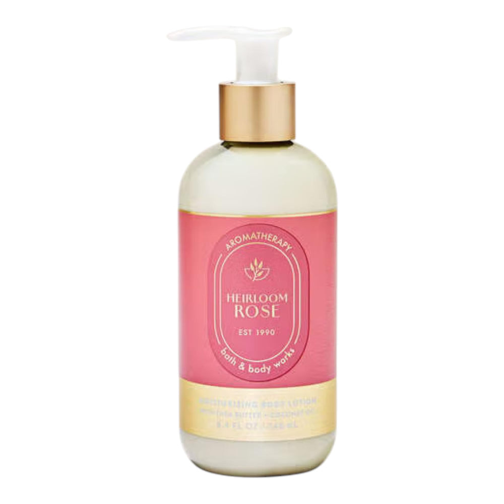 Bath & Body Works Aromatherapy Heirloom Rose lotion bottle for hydrating skin and calming nightly routine.