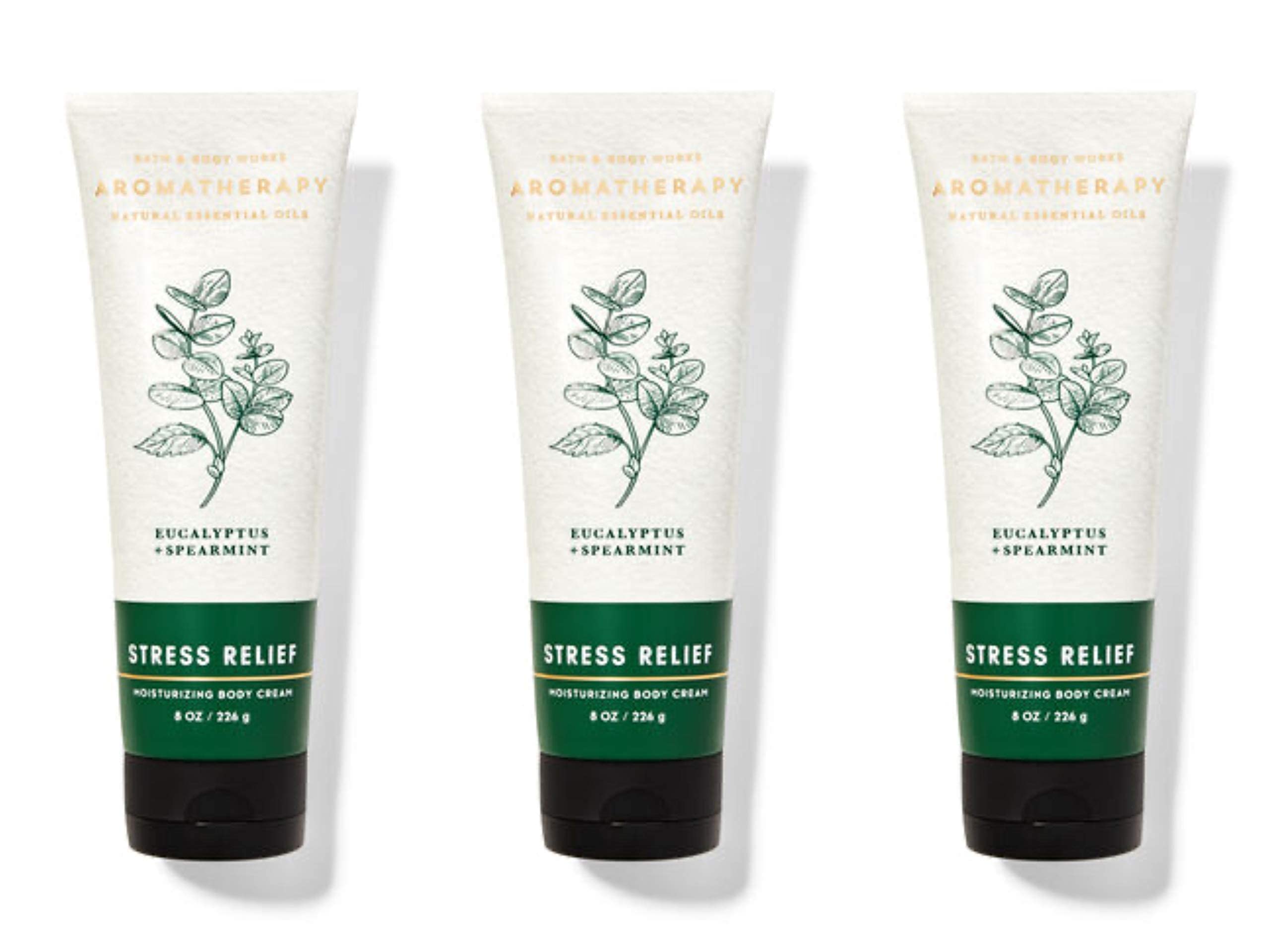 Bath and Body Works Aromatherapy Stress Relief Eucalyptus Spearmint body cream 3-pack, soothing aroma promotes relaxation and hydration.