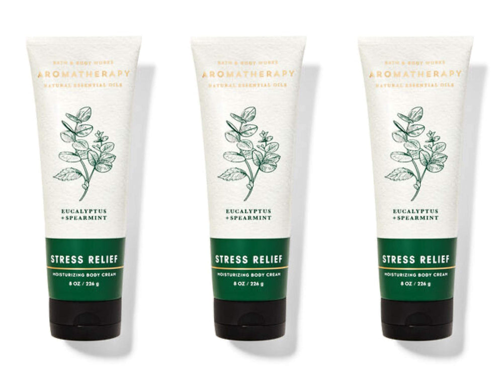 Bath and Body Works Aromatherapy Stress Relief Eucalyptus Spearmint body cream 3-pack, soothing aroma promotes relaxation and hydration.