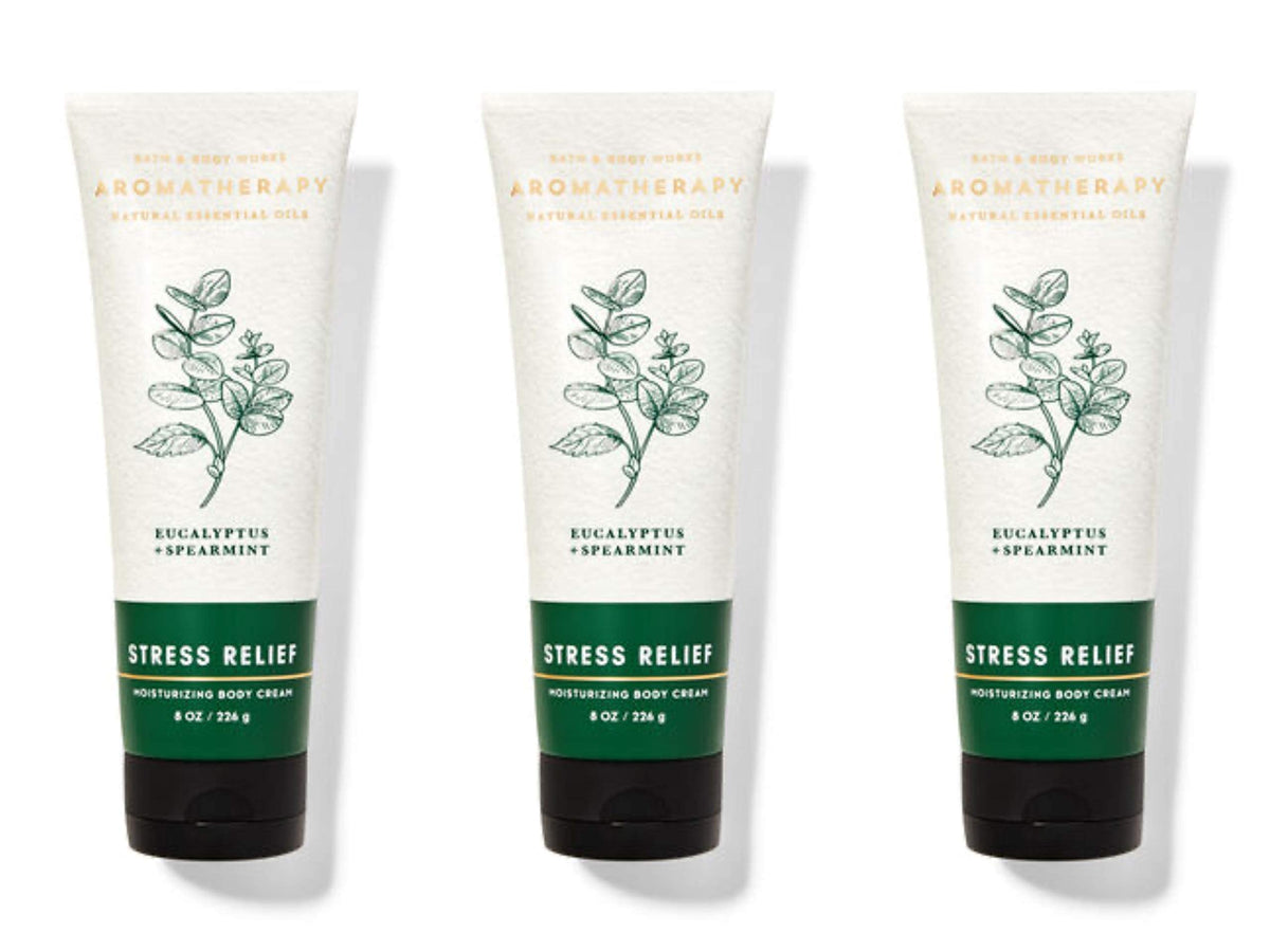Bath and Body Works Aromatherapy Stress Relief Eucalyptus Spearmint body cream 3-pack, soothing aroma promotes relaxation and hydration.
