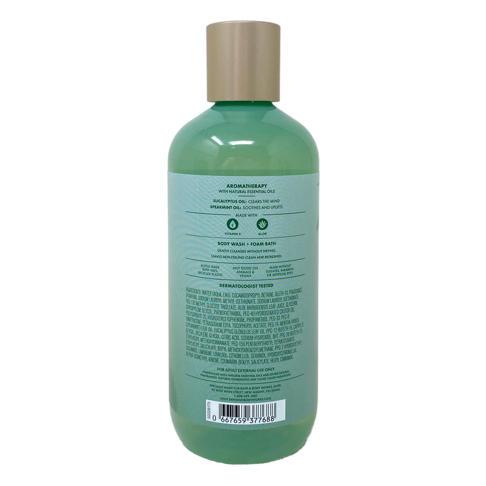 Bath and Body Works Aromatherapy Stress Relief eucalyptus spearmint foaming bath bottle creating relaxing bubbles.