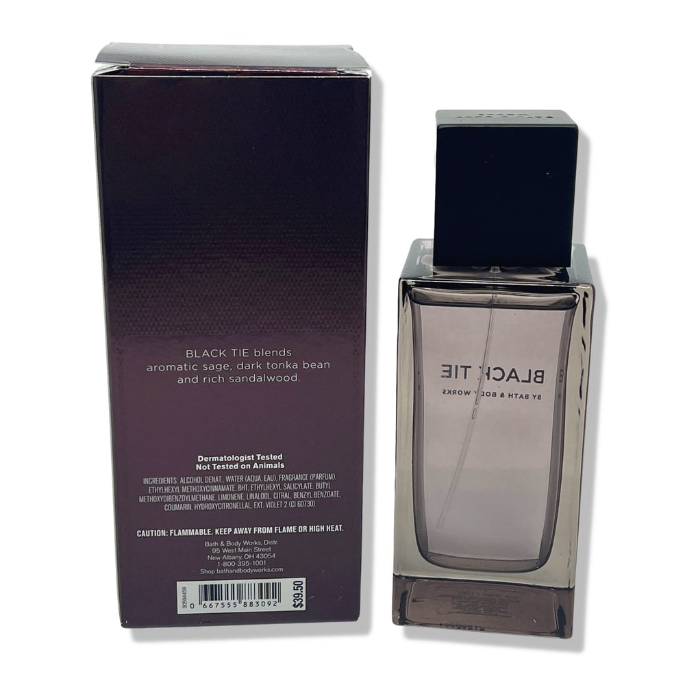 Close-up of Black Tie bottle on dresser for refined display.