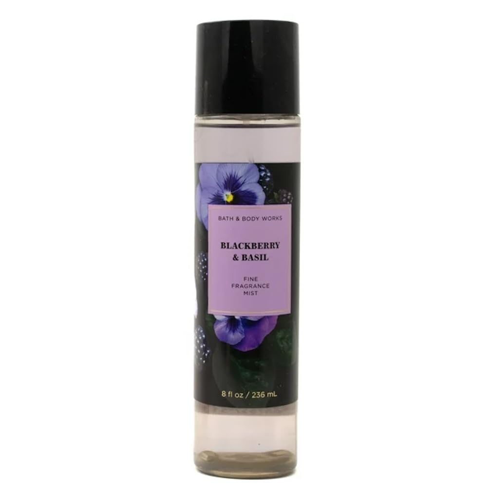 Bath & Body Works Blackberry Basil mist bottle pour for refreshing fragrance and skin nourishment.