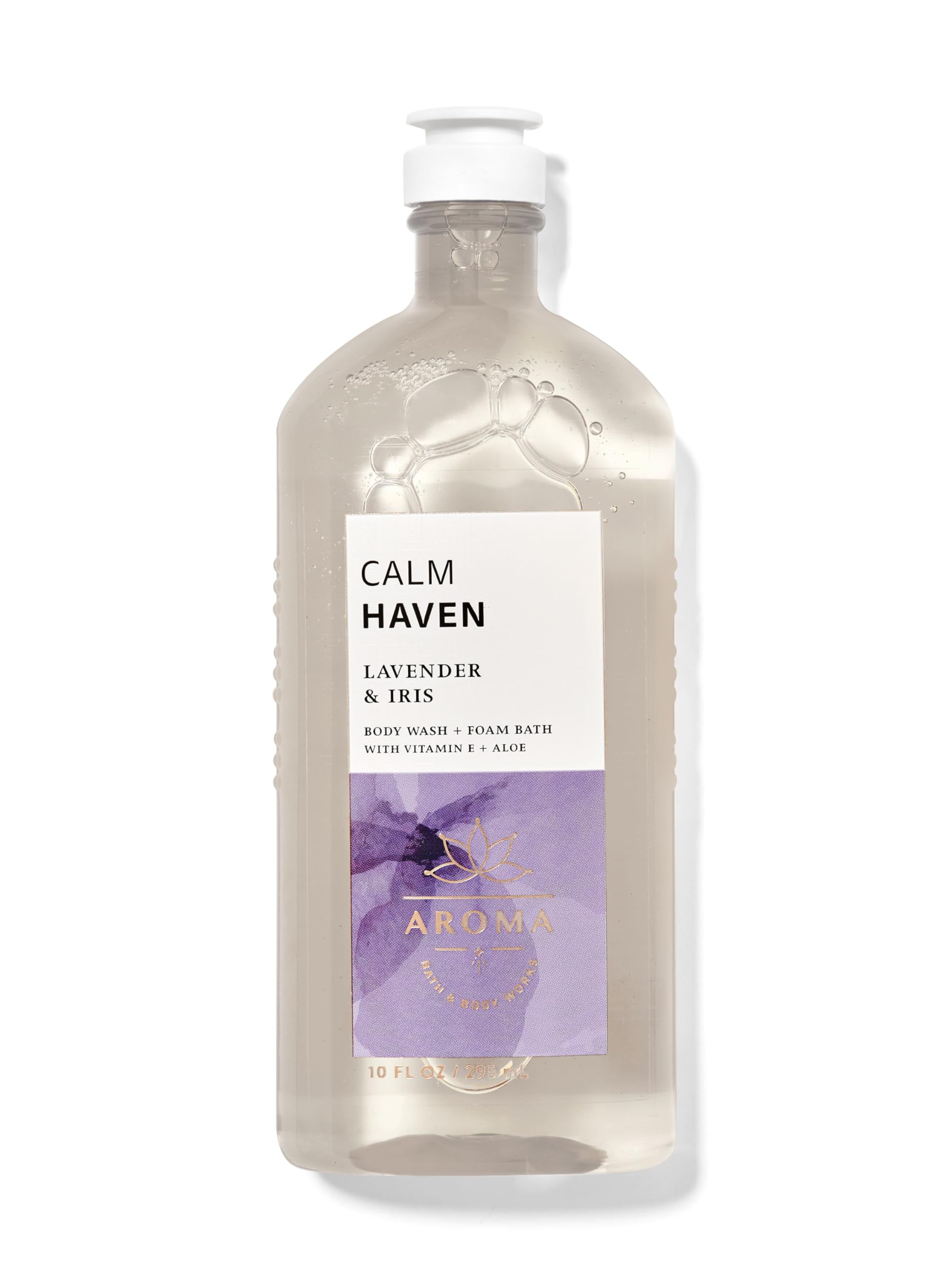 Bath & Body Works Calm Haven Lavender Iris bottle offering a soothing scent for a relaxing shower.