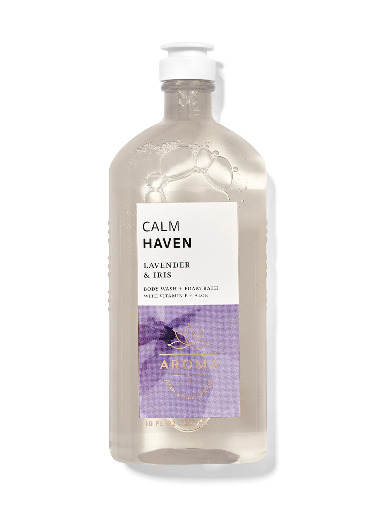 Bath & Body Works Calm Haven Lavender Iris bottle offering a soothing scent for a relaxing shower.