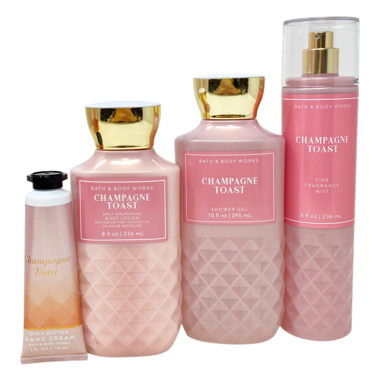 Bath & Body Works Champagne Toast contents in a gift bag, featuring lotion, gel, mist, and hand cream