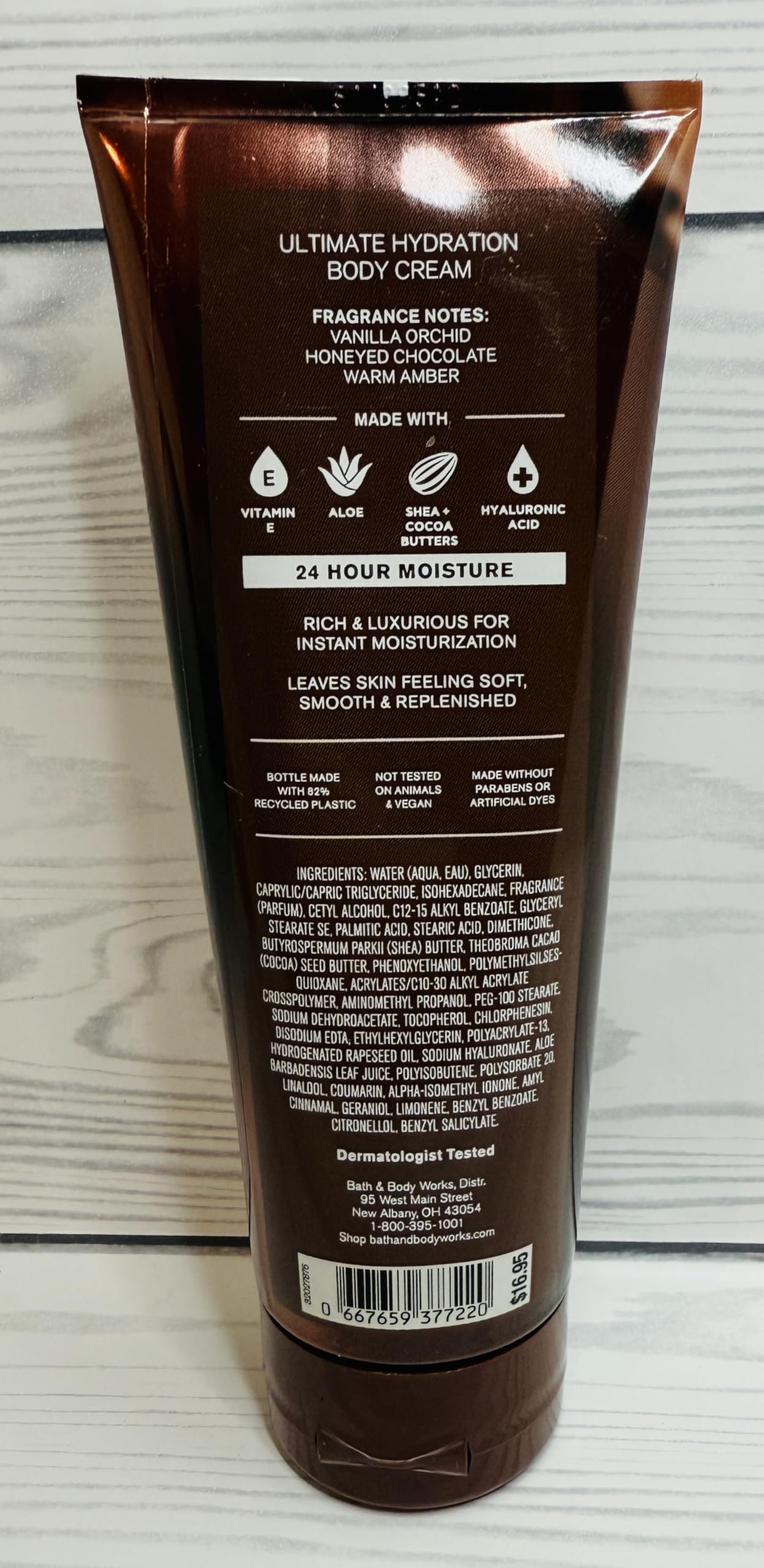 Bath & Body Works Chocolate Amber Ultimate Hydration Body Cream tube label signals hyaluronic acid benefits