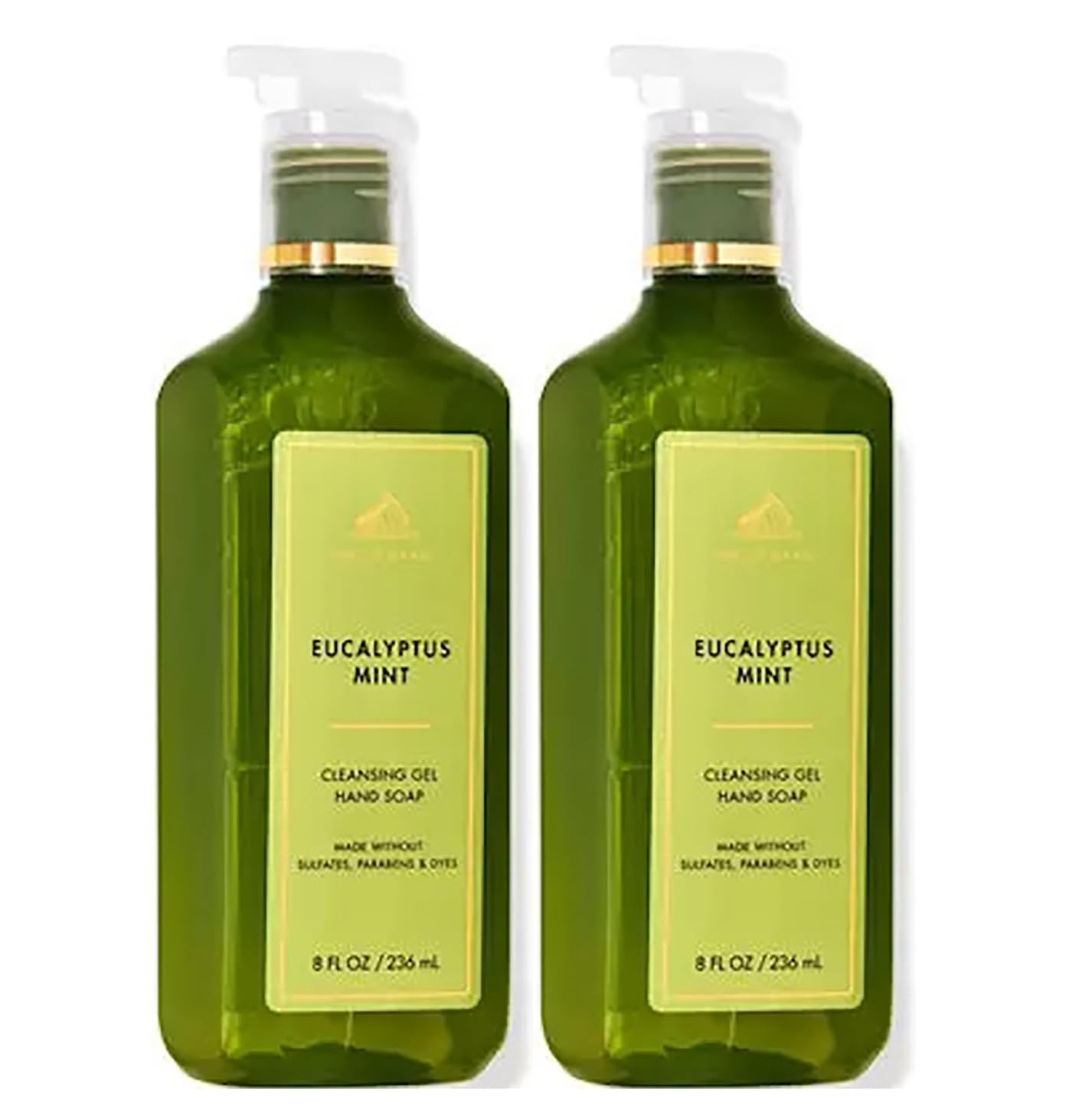 Bath & Body Works cleansing gel hand soap duo bottles with eucalyptus spearmint, refreshing scent and gentle cleansing.