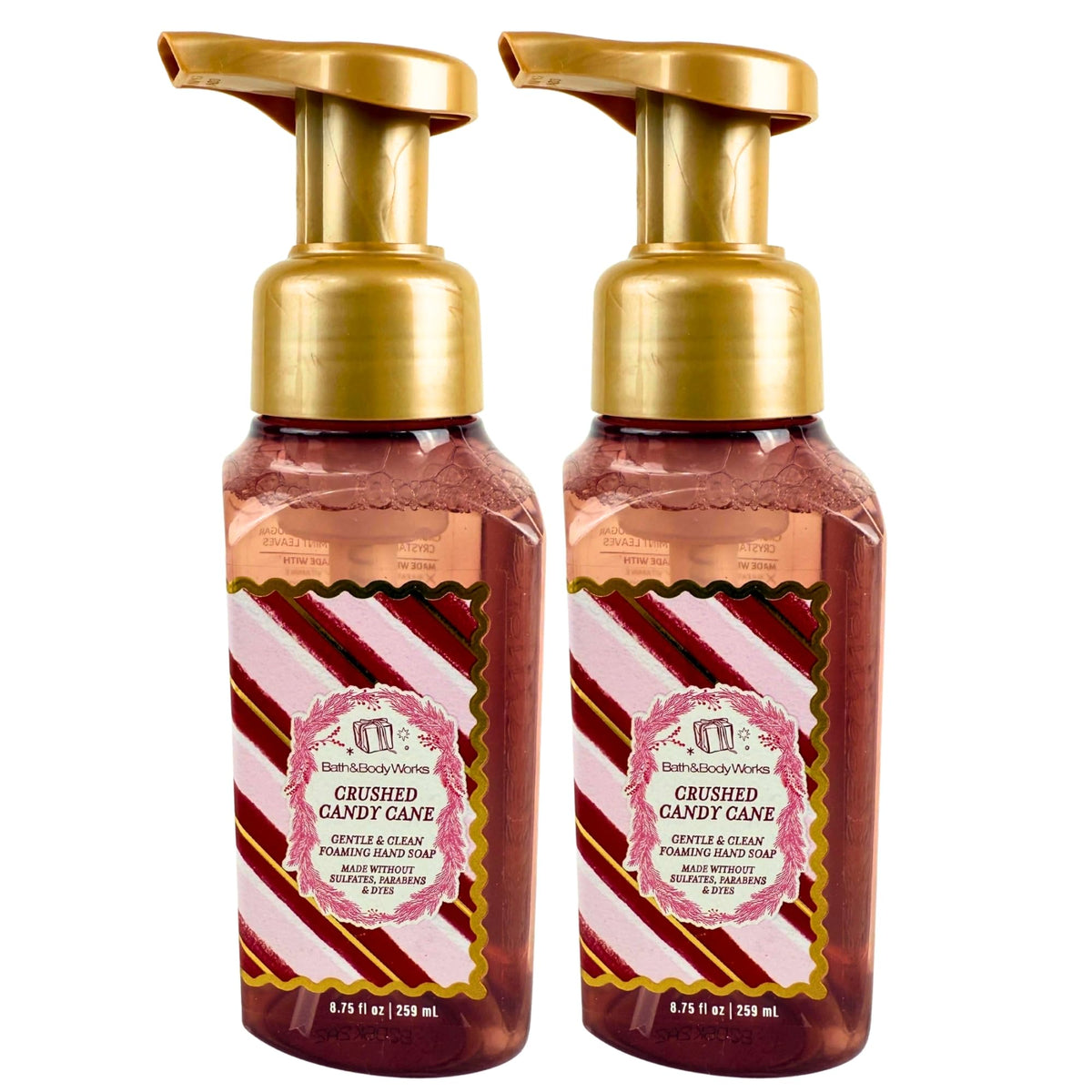 Bath and Body Works Crushed Candy Cane foaming hand soap bottles with seasonal design for festive home care