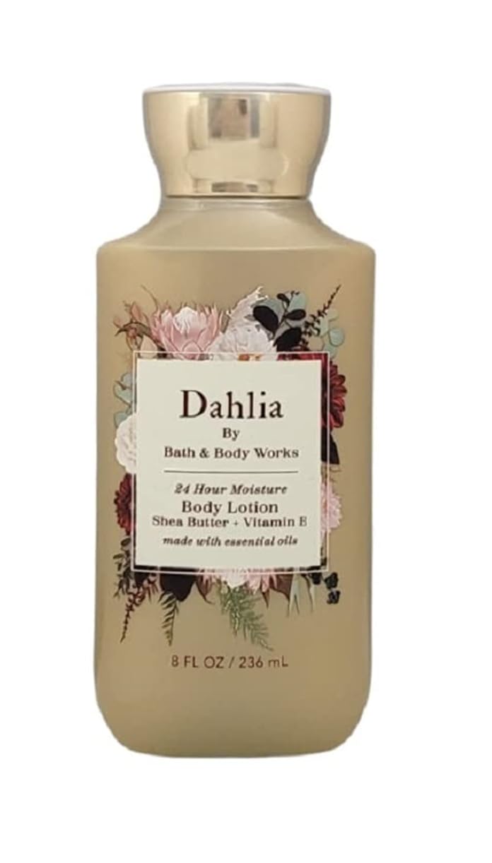 Bath and Body Works Dahlia lotion set; two 8 oz bottles for daily moisture and soft skin.