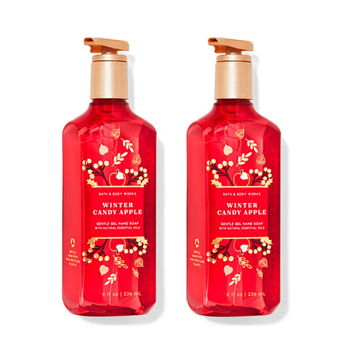 Bath & Body Works hand soap with winter candy apple bottle and pump, delivering a soft gel lather.