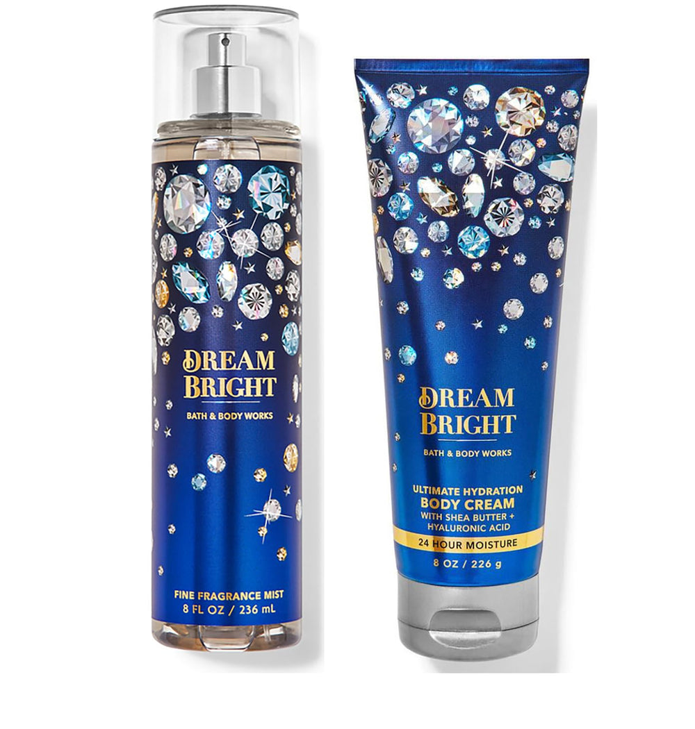 Bath & Body Works Dream Bright mist bottle and hydrating body cream for lasting fragrance and moisture.