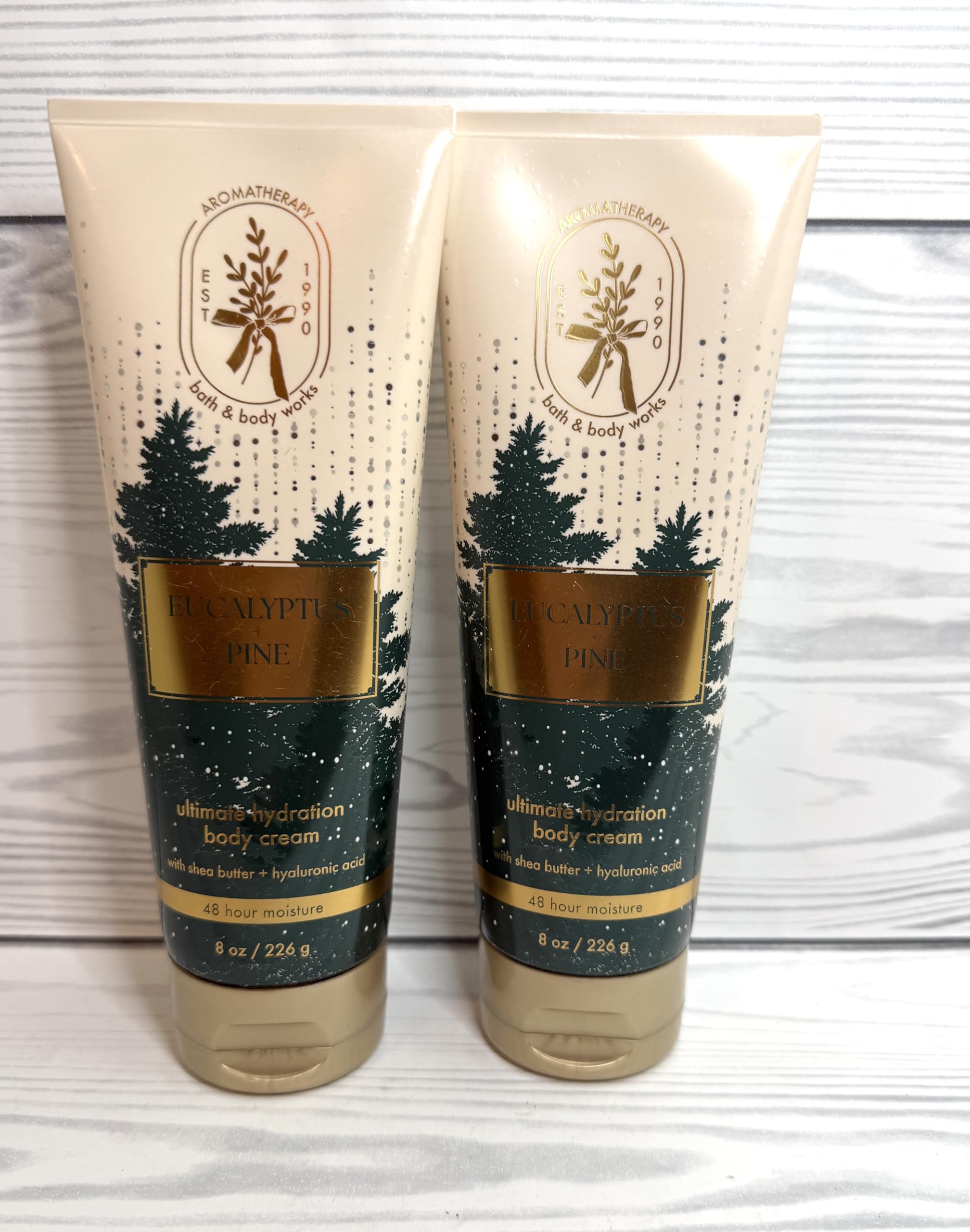 Packaging variation of Bath & Body Works eucalyptus pine body cream for all skin types.