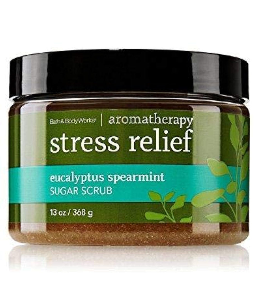 Bath & Body Works Eucalyptus Spearmint Sugar Scrub jar provides hydrating exfoliation after shower.