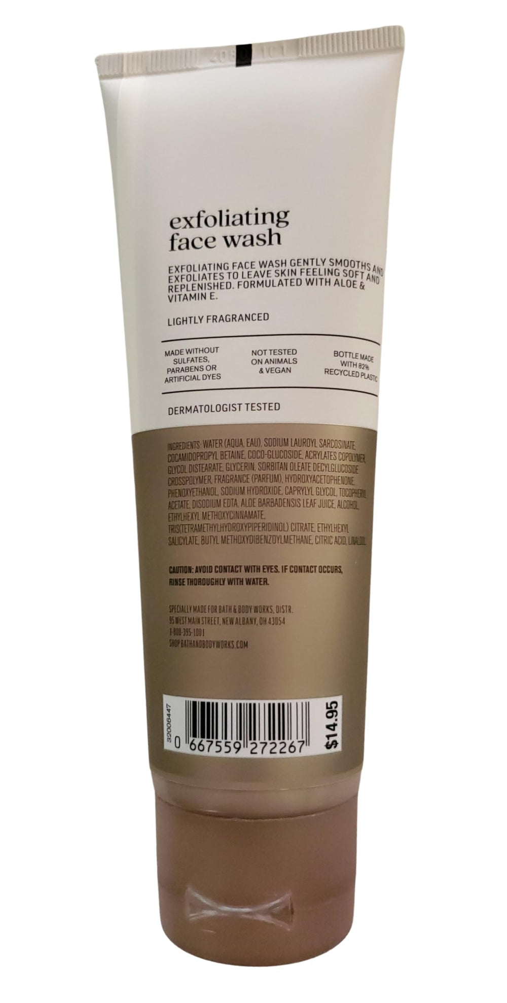 Bath & Body Works exfoliating face wash bottle pour highlighting gentle exfoliation and soothing aloe