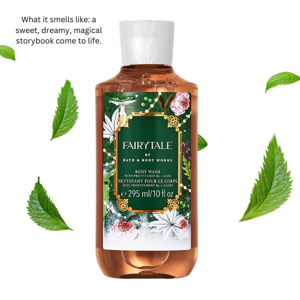 Bath & Body Works Fairytale Shower Gel label detail showing pomegranate nectar and orange blossom.