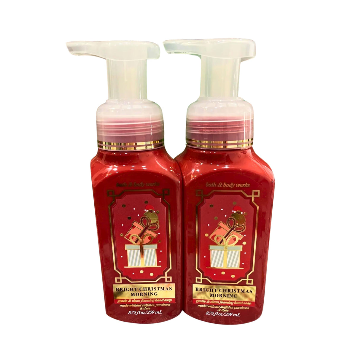 Bath and Body Works Foaming Hand Soap Bright Christmas Morning bottle at sink delivers scent and gentle cleansing.