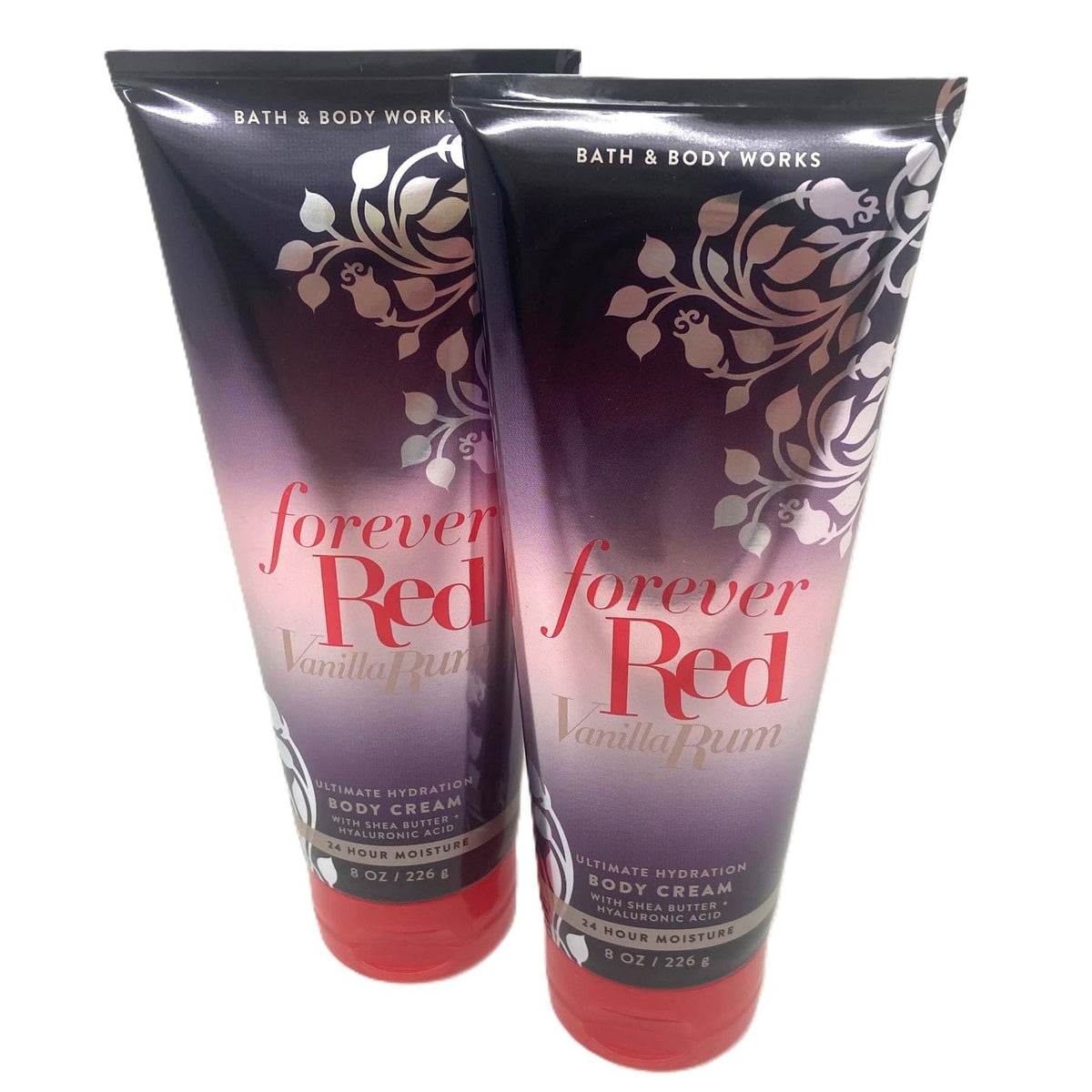 Bath and Body Works Forever Red Vanilla Rum bottle closeup promotes lasting moisture
