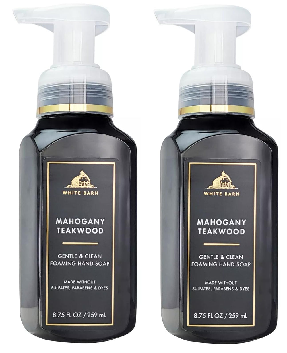 Bath & Body Works Gentle Foaming Hand Soap Mahogany Teakwoods bottle provides soft, creamy lather for clean hands.