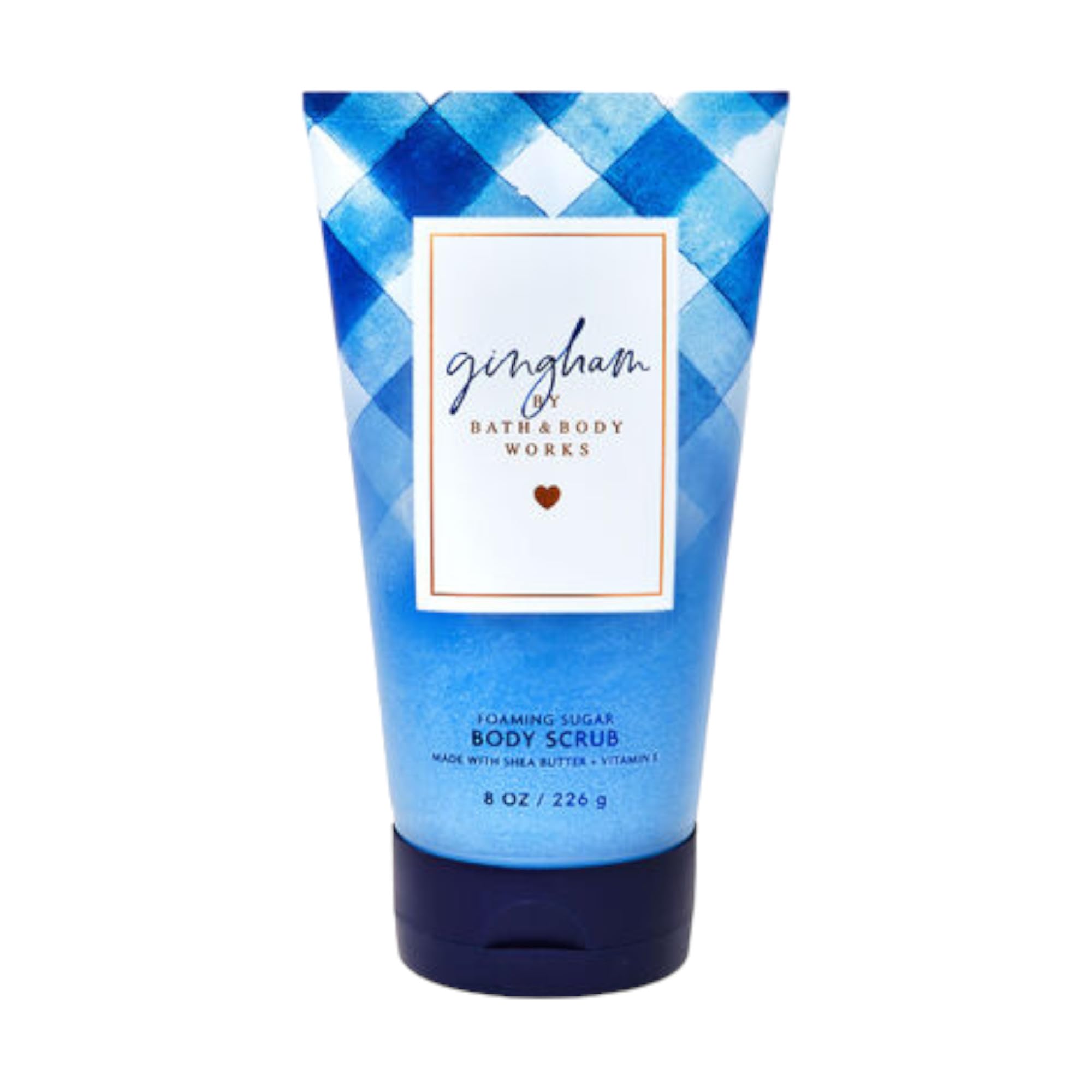 Bath & Body Works Gingham Creamy Body Scrub bottle and texture for radiant, smooth skin