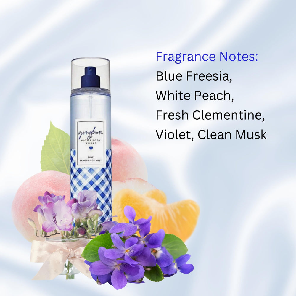 Bath & Body Works Gingham packaging closeup highlights the feminine bottle design.