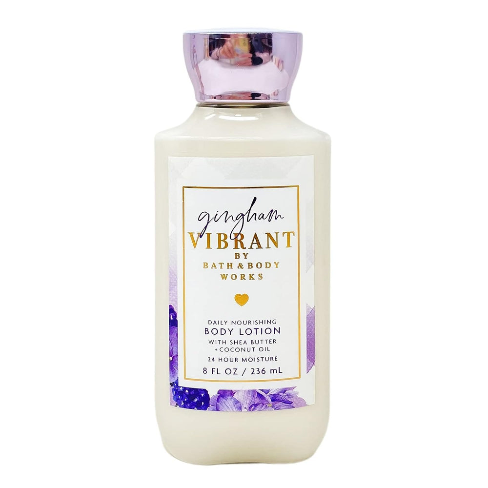 Bath & Body Works Gingham Vibrant lotion bottle highlights rich moisture for all-day softness.