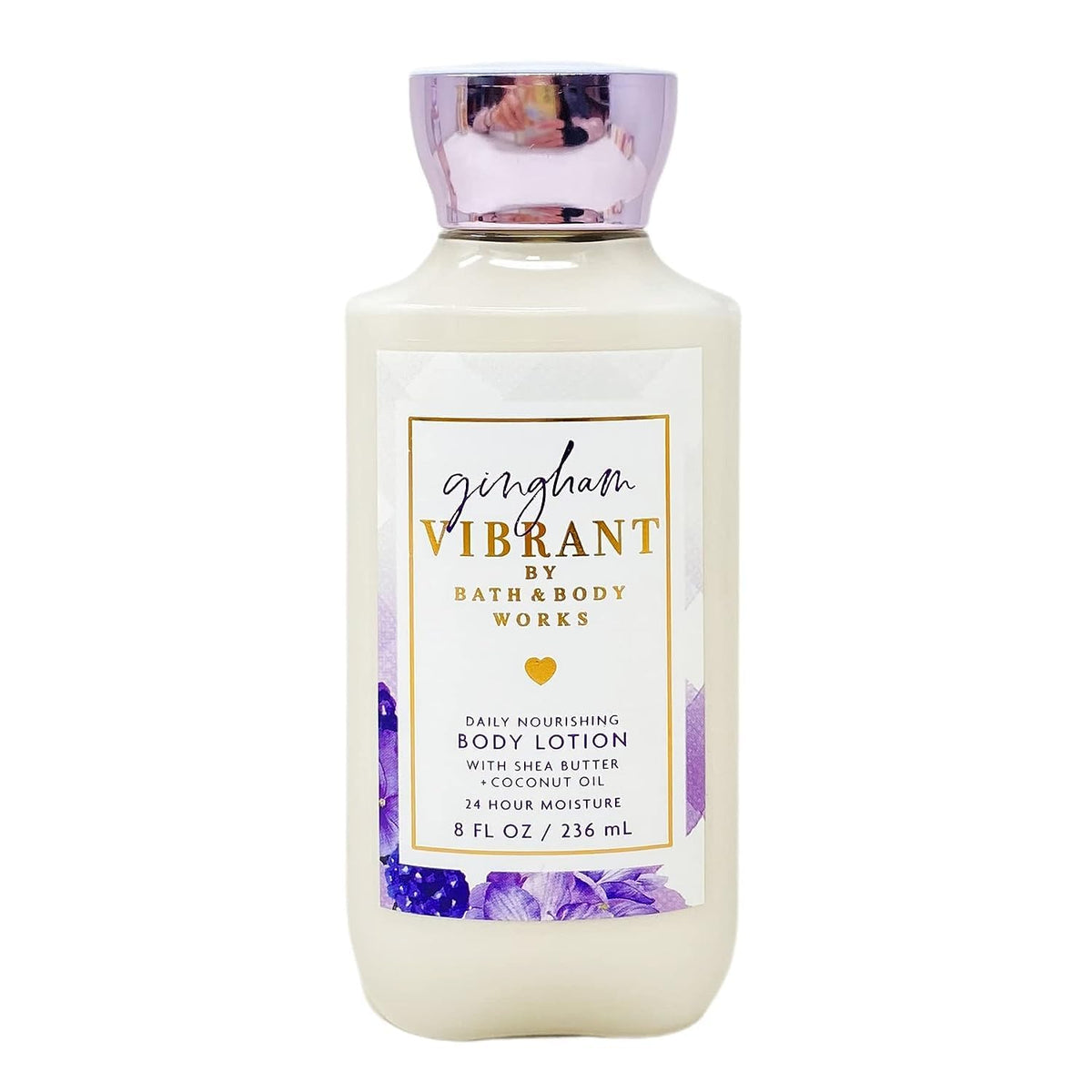 Bath & Body Works Gingham Vibrant lotion bottle highlights rich moisture for all-day softness.