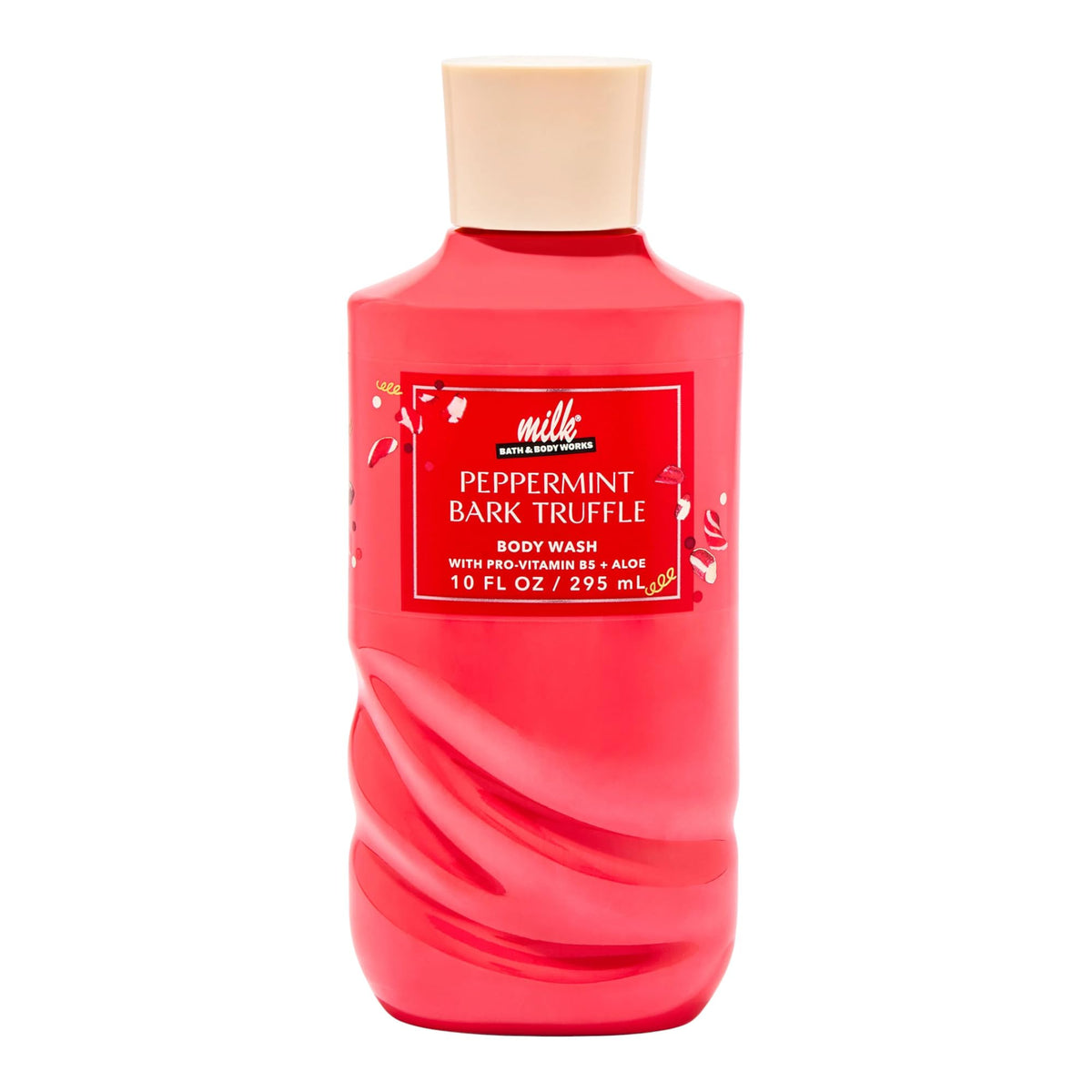 Bath & Body Works Milk Peppermint Bark Truffle bottle pour for a refreshing, festive shower