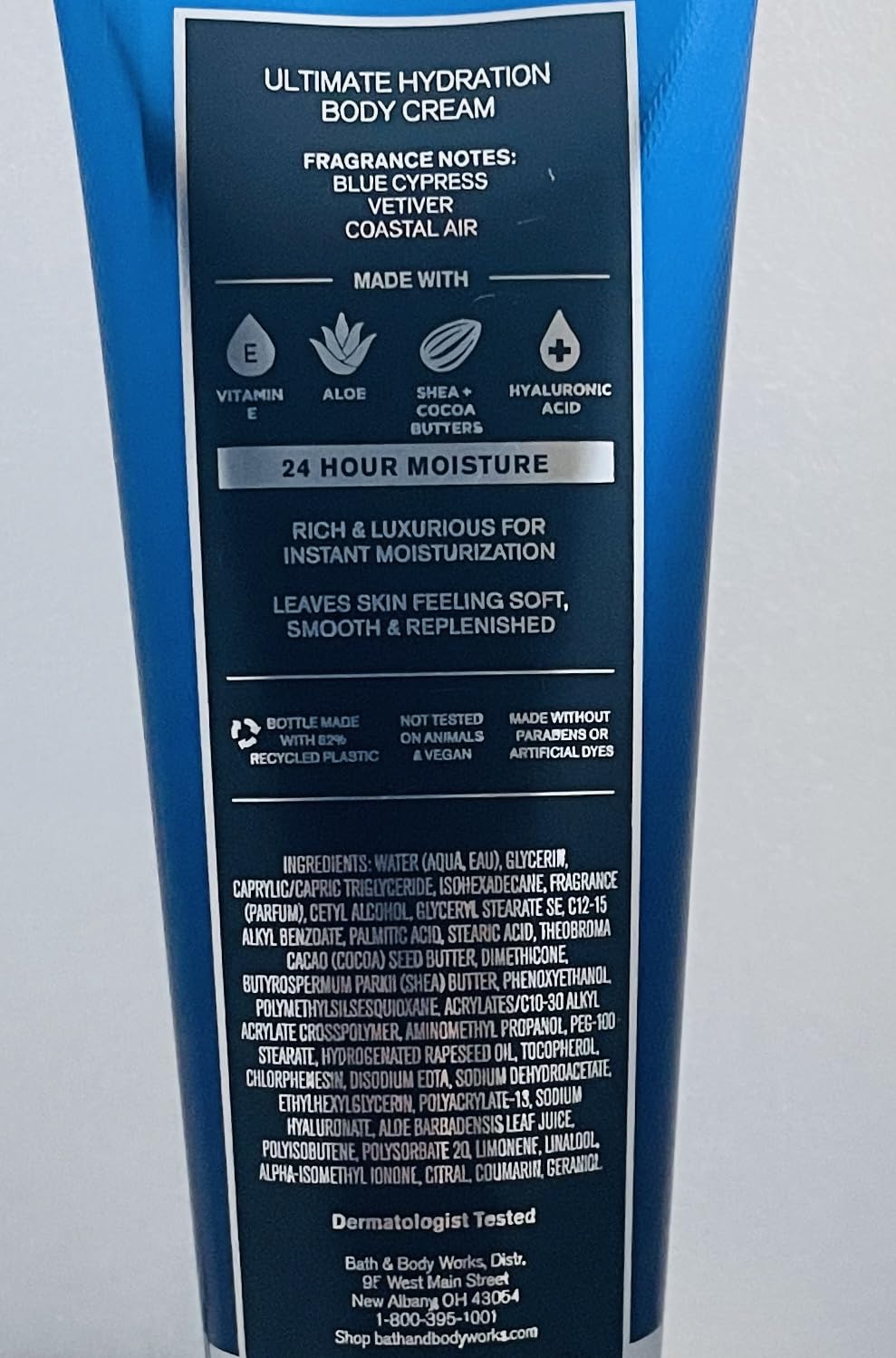 Bath and Body Works Ocean Ultra Shea Body Cream packaging view, highlighting recyclable packaging.