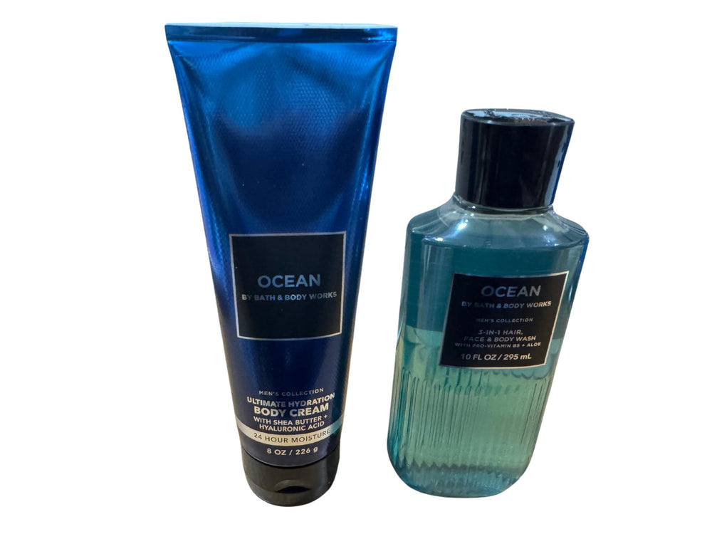 Bath and Body Works Ocean bottle label close-up, highlighting parabens-free formula.