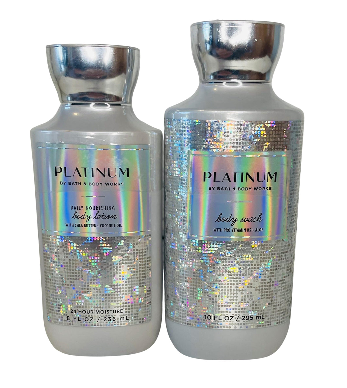 Bath & Body Works Platinum Body Lotion bottle for lasting hydration with shea butter and coconut oil.