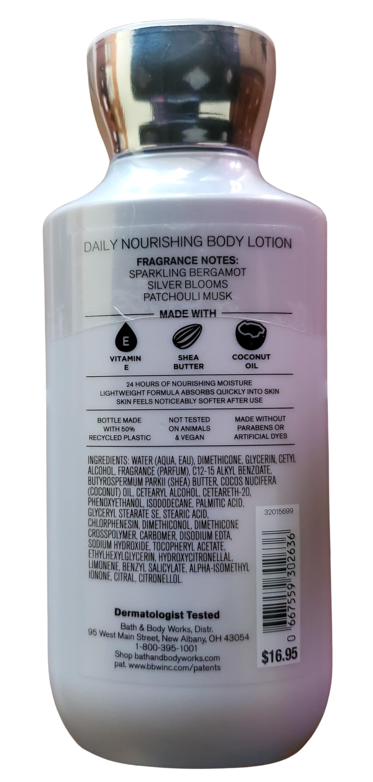 Bath & Body Works Platinum Body Lotion label close-up highlighting bergamot and patchouli musk