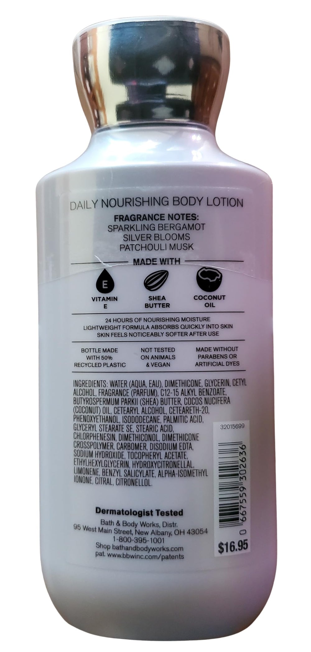 Bath & Body Works Platinum Body Lotion label close-up highlighting bergamot and patchouli musk