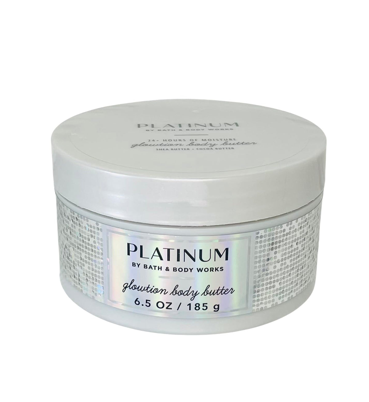 Bath & Body Works Platinum Whipped Body Butter jar closeup showing rich moisture texture.