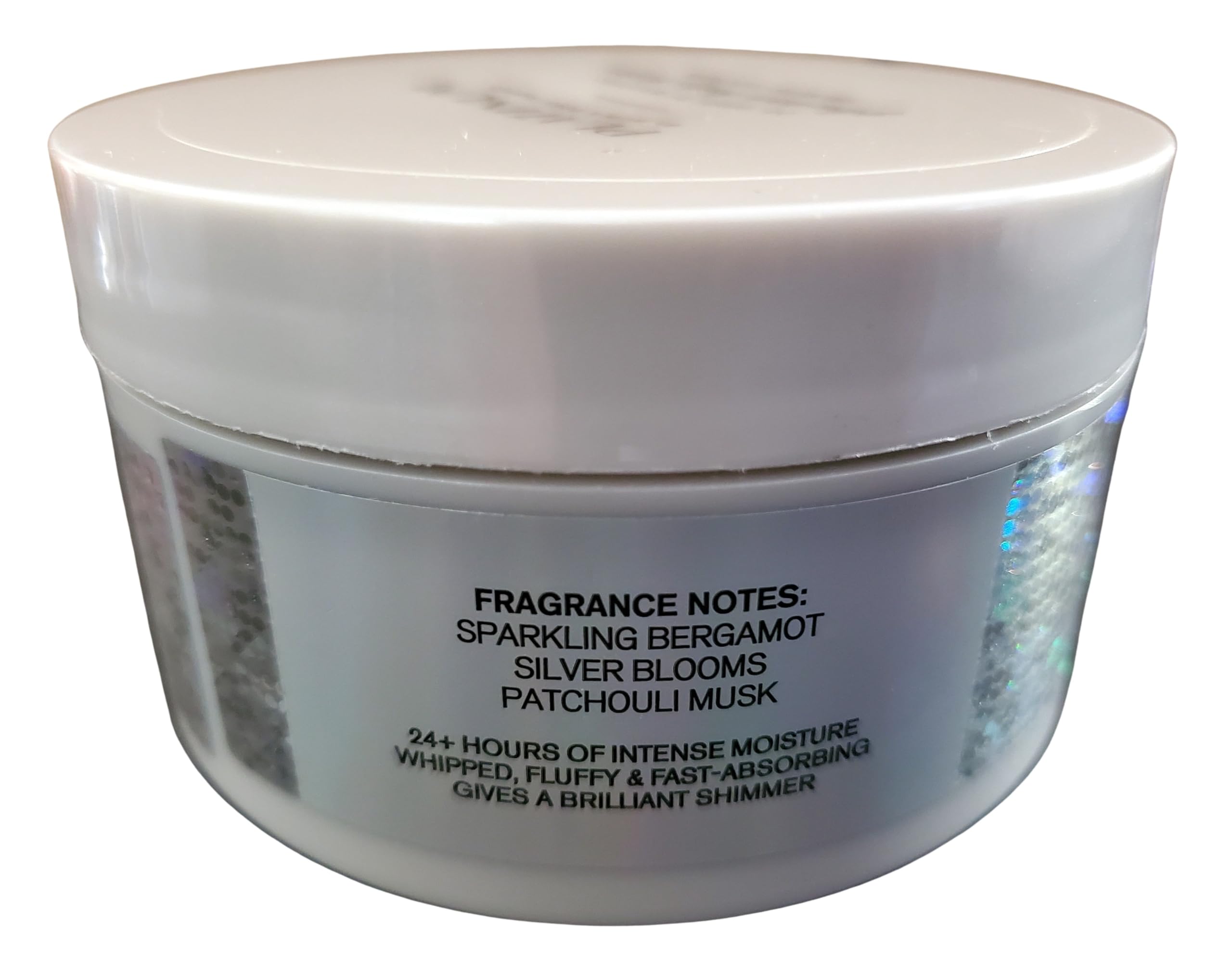 Bath & Body Works Platinum Whipped Body Butter label highlights premium scent and branding.
