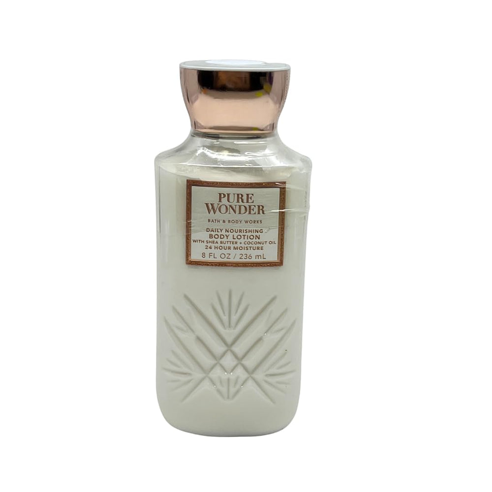 Bath and Body Works Pure Wonder scent notes iced rose jasmine amber on packaging.