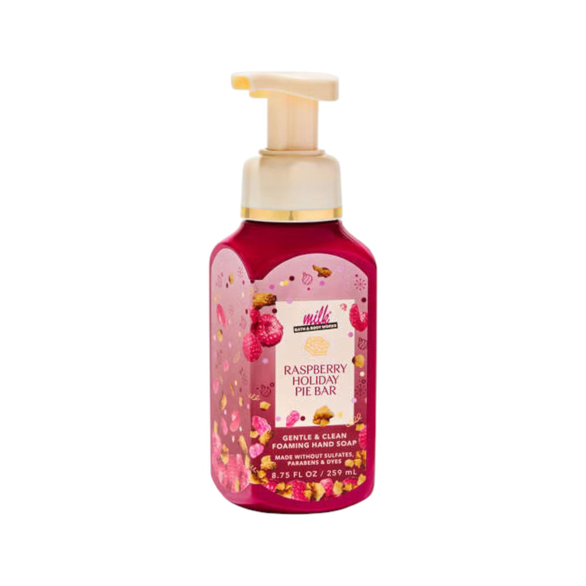 Bath & Body Works Raspberry Holiday Pie Bar hand soap bottle nourishes skin with aloe and vitamin E, soft hands.