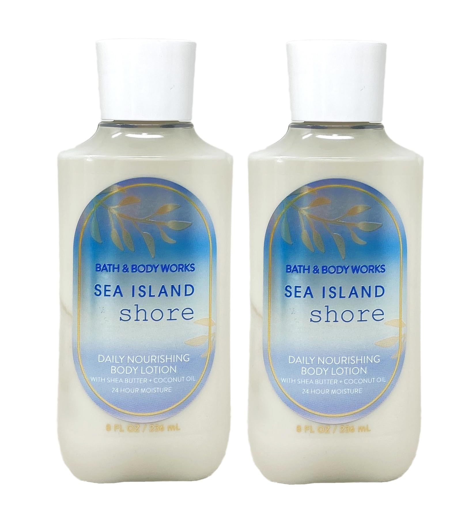 Bath & Body Works Sea Island Shore lotion bottle shows coastal scent and hydration.