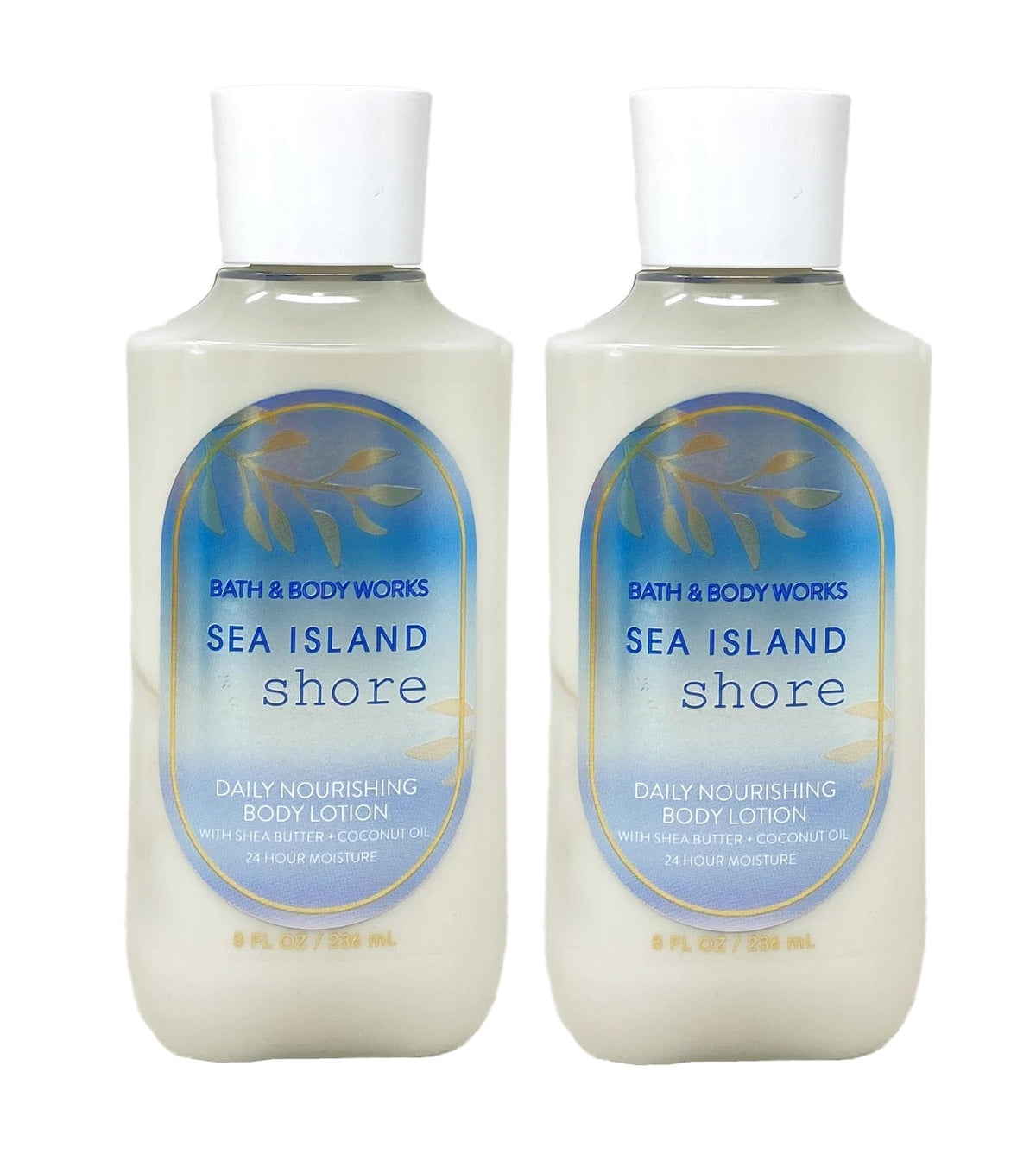 Bath & Body Works Sea Island Shore lotion bottle shows coastal scent and hydration.