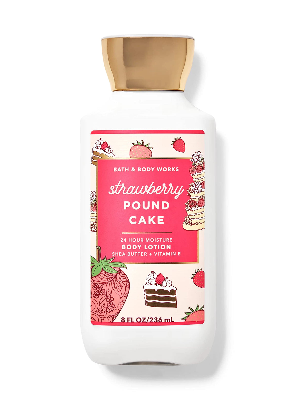 Bath & Body Works Strawberry Pound Cake lotion bottle offering long-lasting moisture for smooth skin.