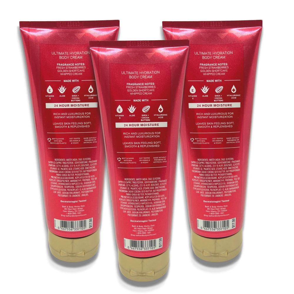 Bath & Body Works Strawberry Pound Cake cream bottle highlighting a luxurious formula for moisturized skin