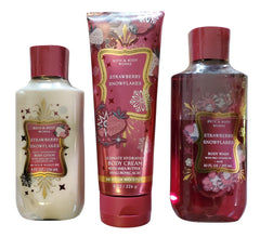 Bath & Body Works Strawberry Snowflakes Body Wash bottle; refreshing cleanse with juicy strawberry scent.