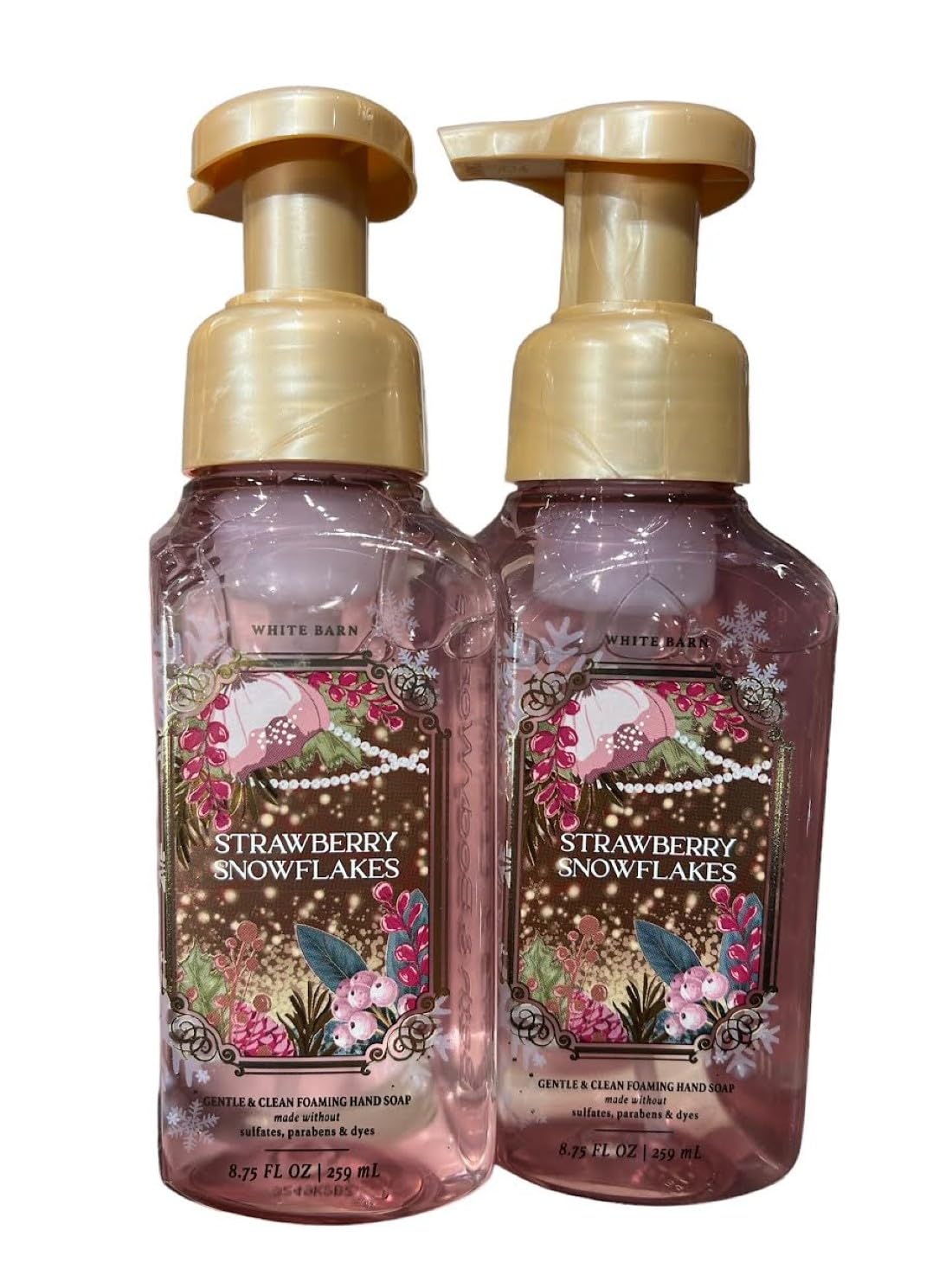 Bath and Body Works Strawberry Snowflakes foaming hand soap 2-pack bottle back shows two pack convenience